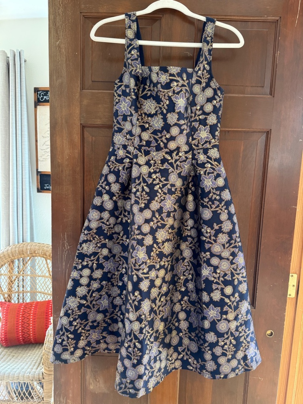 Francesca's Navy Dress with Gold Floral Jacquard Accents